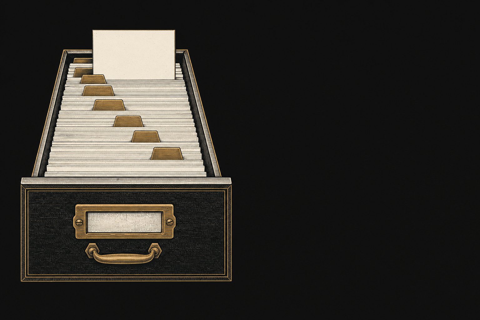 An open library card-catalogue drawer filled with index cards and brass divider tabs, one card raised above the rest