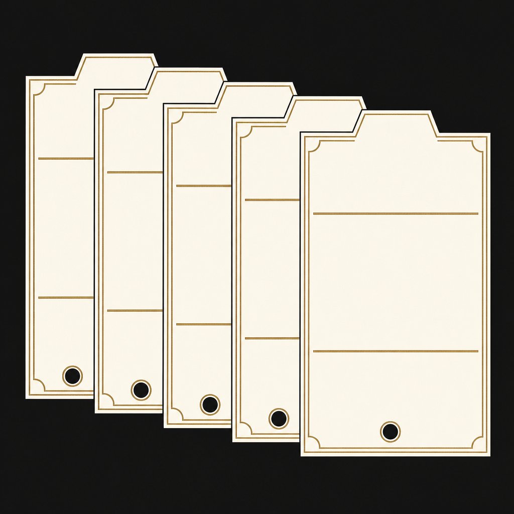 Five catalogue divider cards fanned out, each with a raised tab and a punched hole