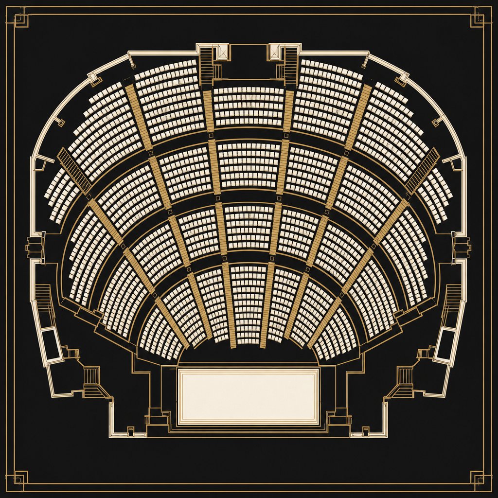A plan drawing of a large auditorium, curved tiers of seating around a platform