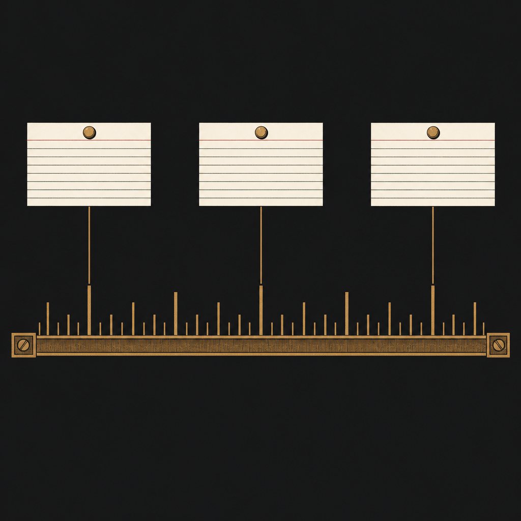 A timeline drawn as a long rule with tick marks, three index cards pinned above it