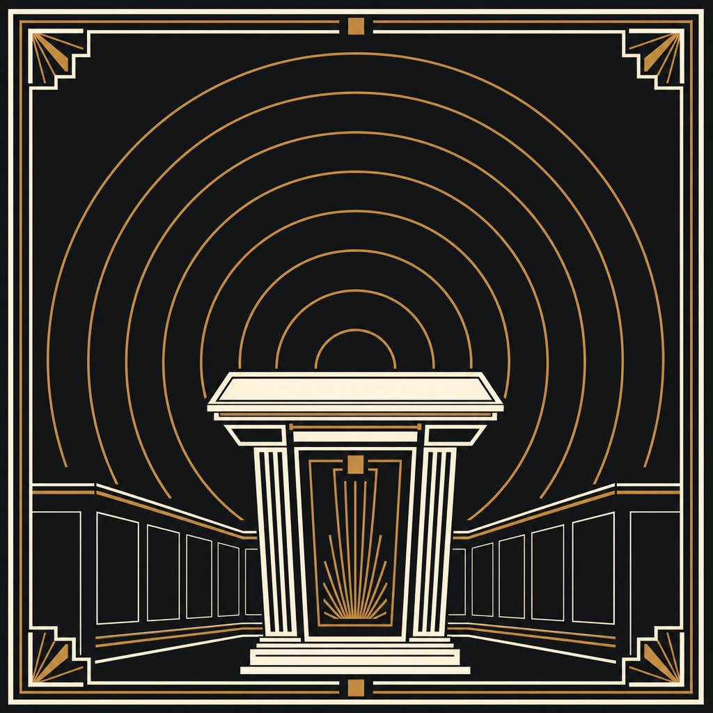 An empty lectern with concentric arcs radiating outward from it
